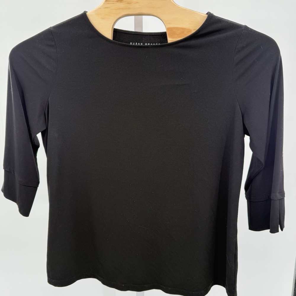 Susan Graver Modern Essential L Black 3/4 Sleeve Round Neck Slight Flair At Cuff